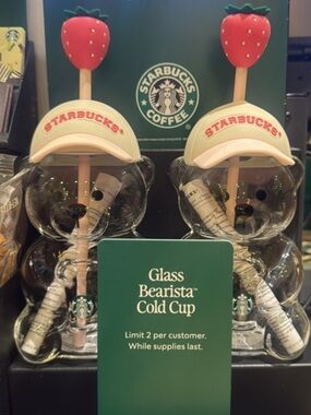 Starbucks Clear Glass Bearista Cold Cup with Pink Strawberry Straw (one unit)